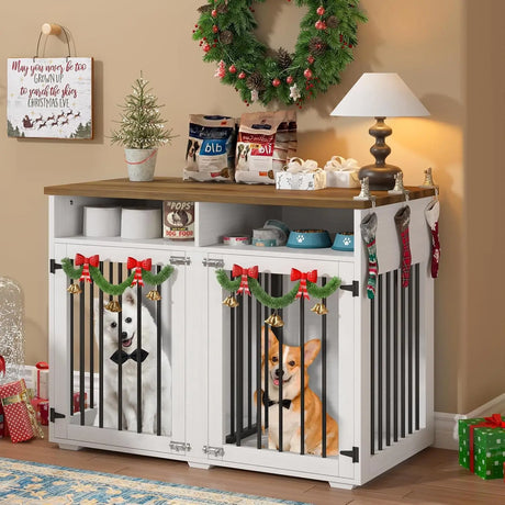 41 Inch Dog Crate Furniture for 2 Dogs, Wooden Dog Cage with Storage Compartment, Indoor Dog Kennel with 2 Doors for Medium
