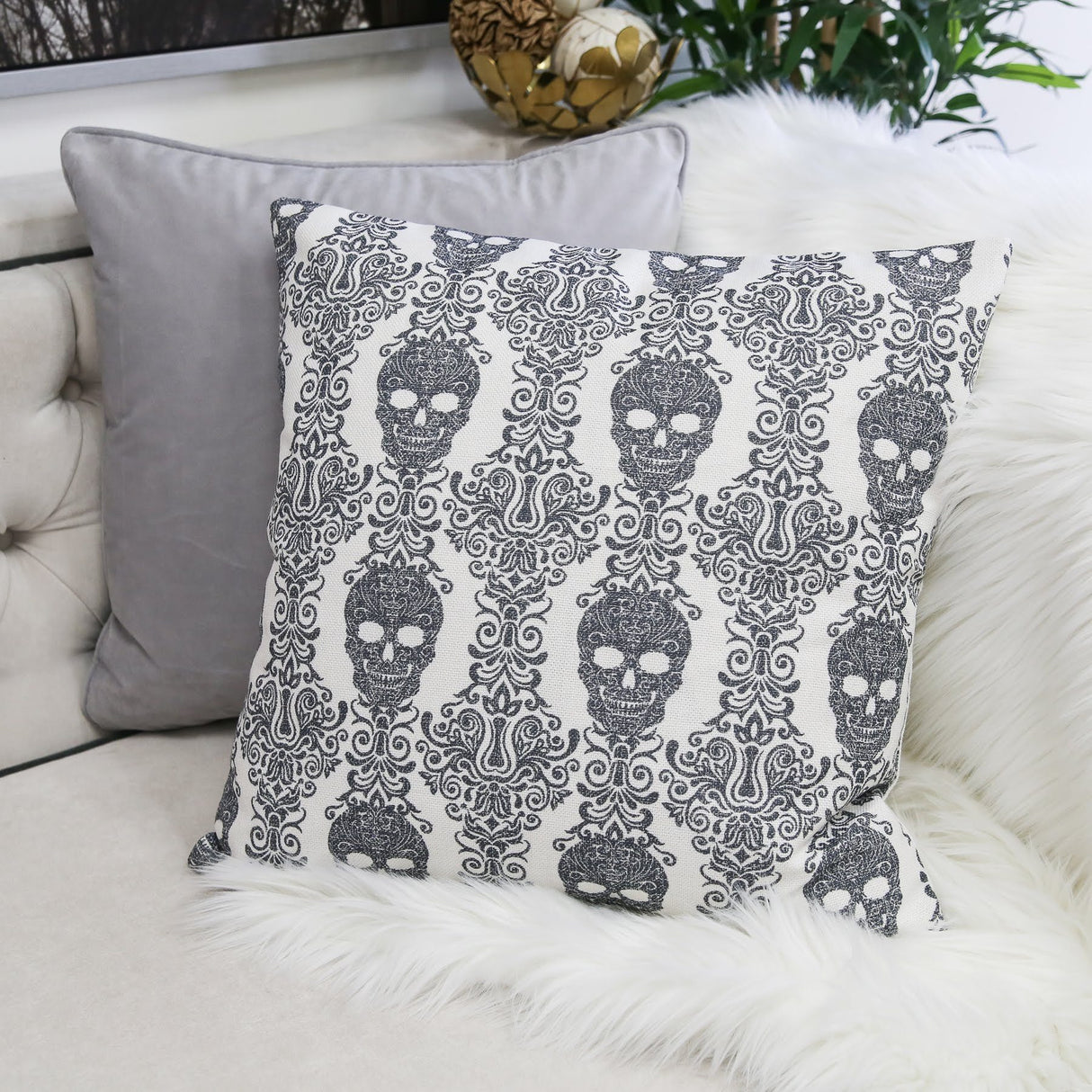 Gothic Damask Skull Cotton Linen Throw Pillow 20x20 Inch