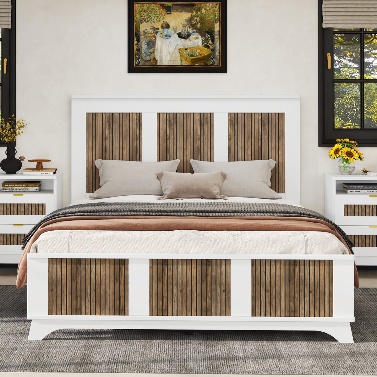 Queen Farmhouse Wooden Platform Bed With Plywood Slats