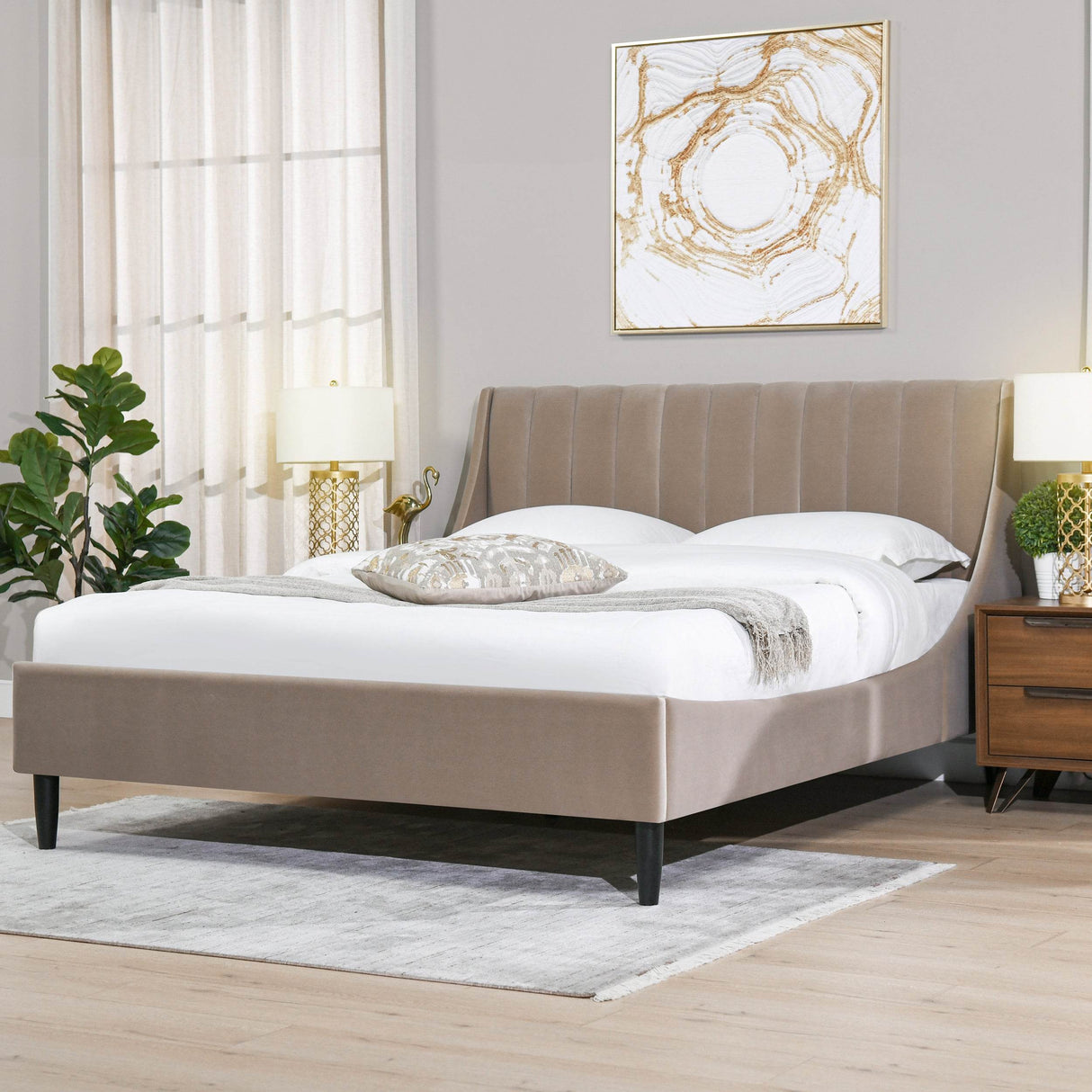 Modern Velvet Upholstered Platform Bed Frame