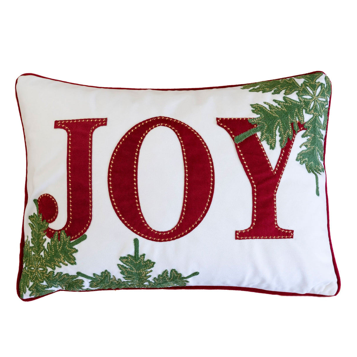 Festive Embroidered JOY Velvet Lumbar Throw Pillow 14x20 Inch