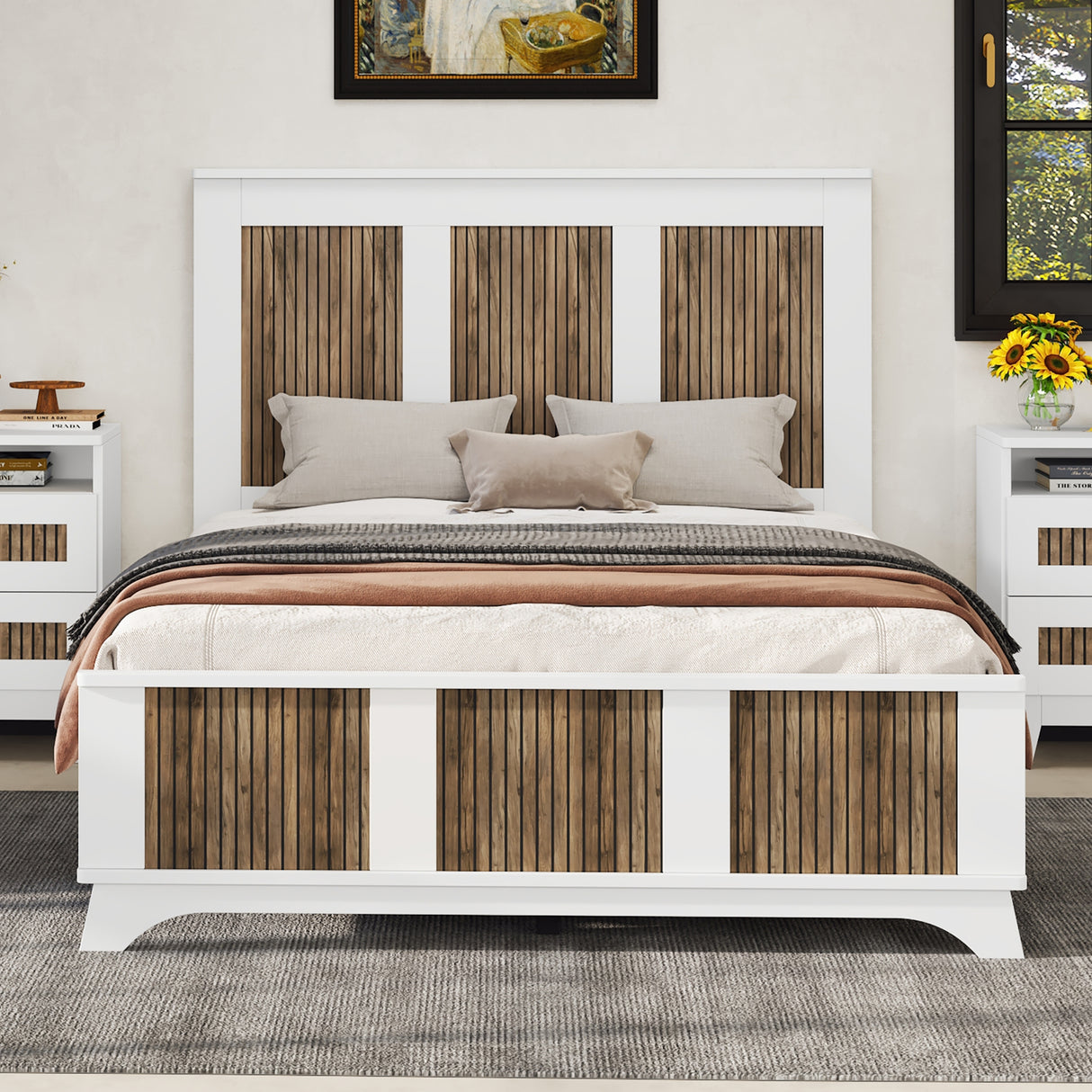 Full Farmhouse Wooden Platform Bed With Plywood Slats