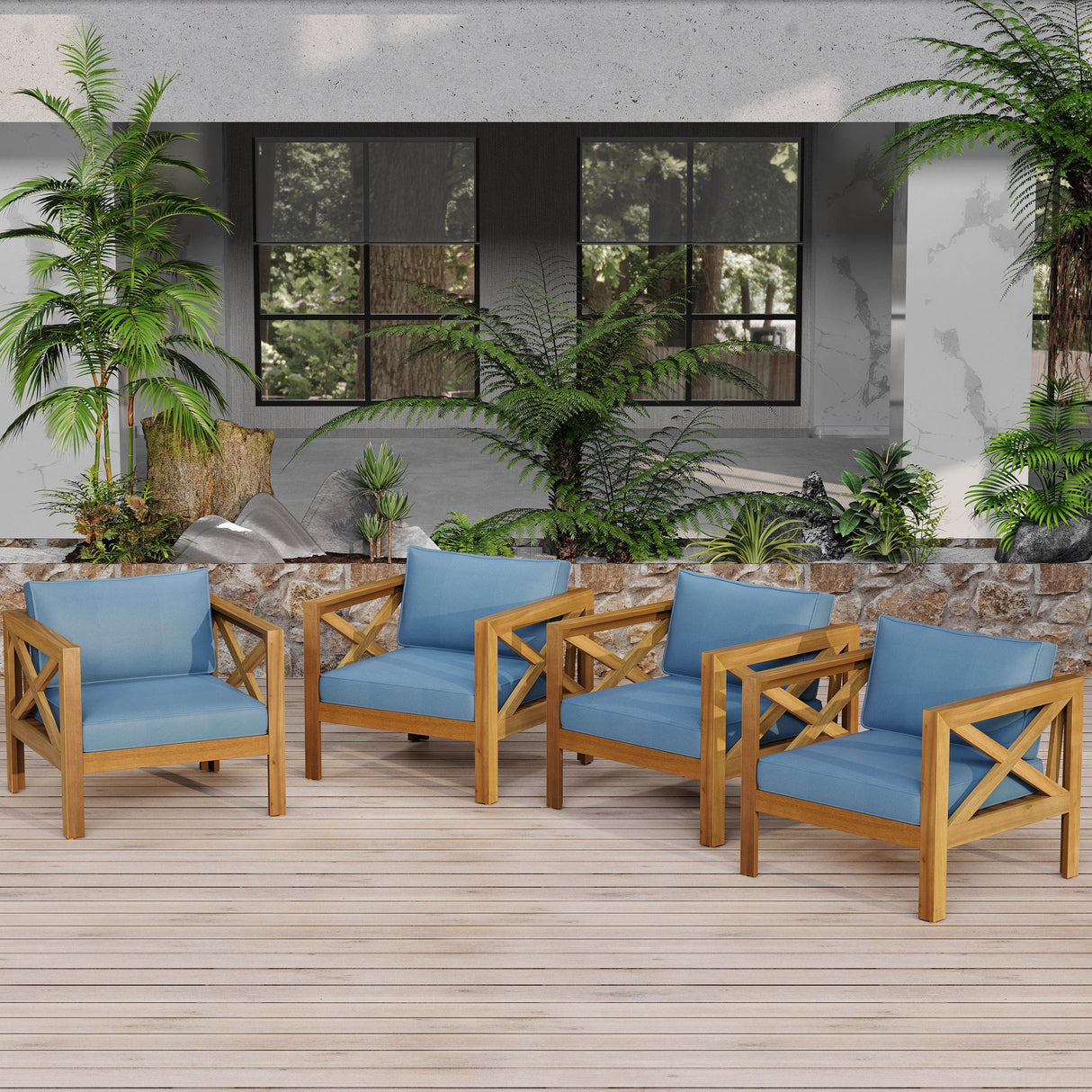 Set Of 4 Outdoor Acacia Wood Club Chairs With Cushions