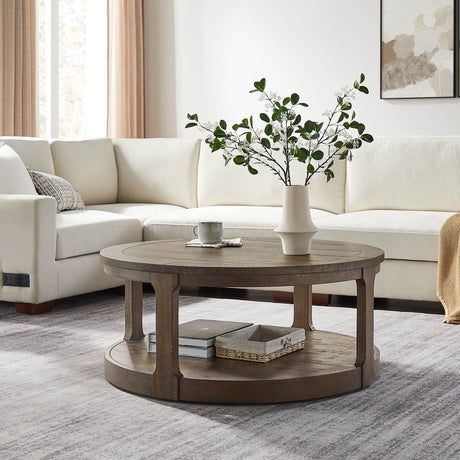40-Inch Rustic Round Solid Wood Coffee Table With Wheels - Sleep Galleria
