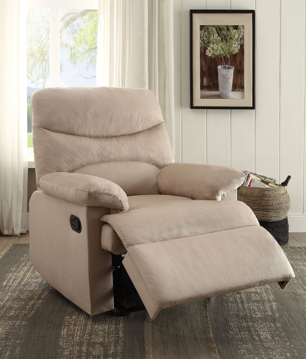 Beige Fabric Manual Handle Recliner With Pillow Top Arms