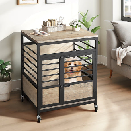 23.6" Dog Crate Furniture Wooden Dog House with Wheels, Dog Kennel Indoor for Small Medium Dogs - Brown & Black