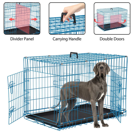 42 Inch Dog Crate, Dog Crates and Kennels Foldable Large Dog Crate for Large Dogs with Handle Double-Door Outdoor Metal Wire Dog Cage with Plastic Tray for Medium Dogs, Black