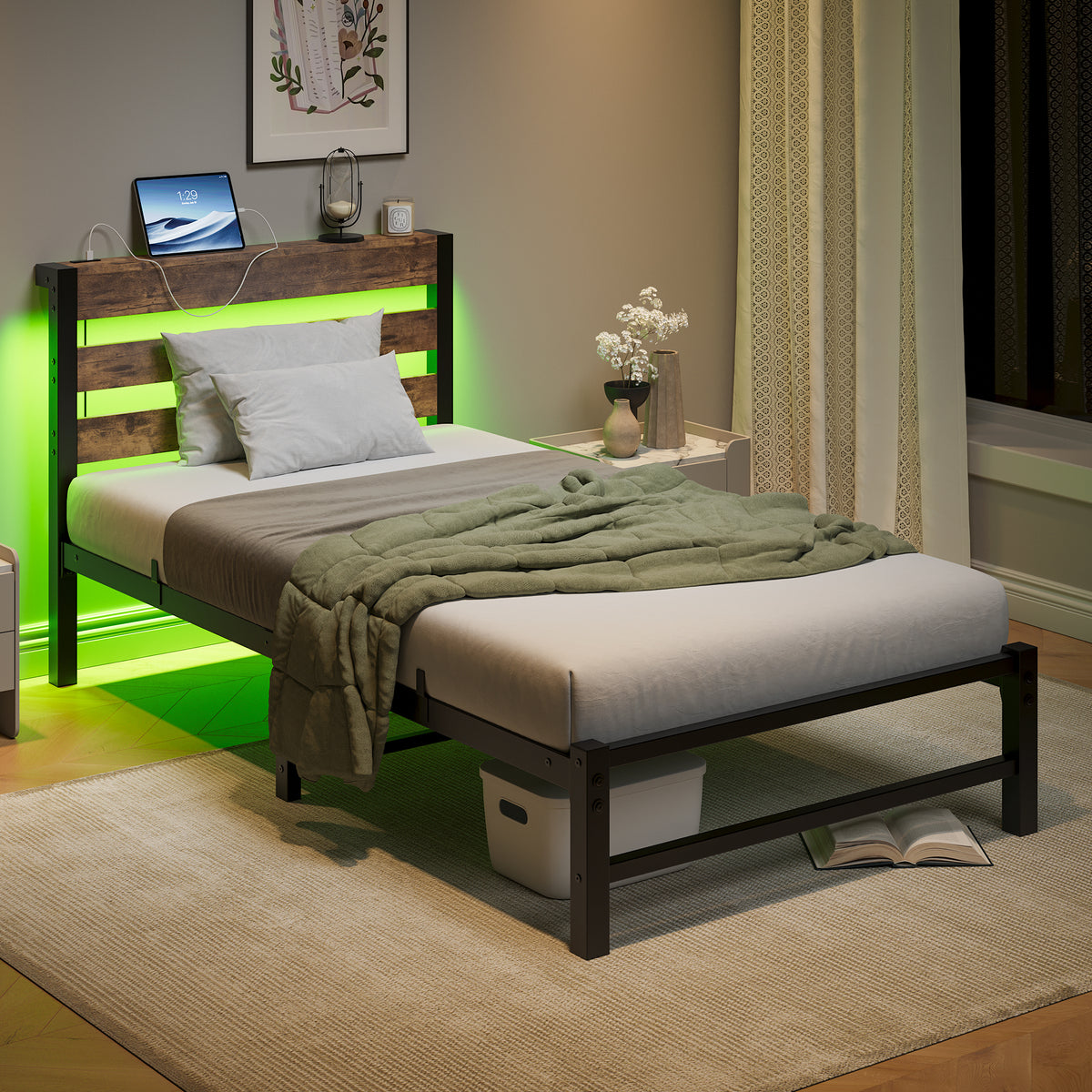 Twin Heavy Duty LED Platform Bed Frame With USB Charging