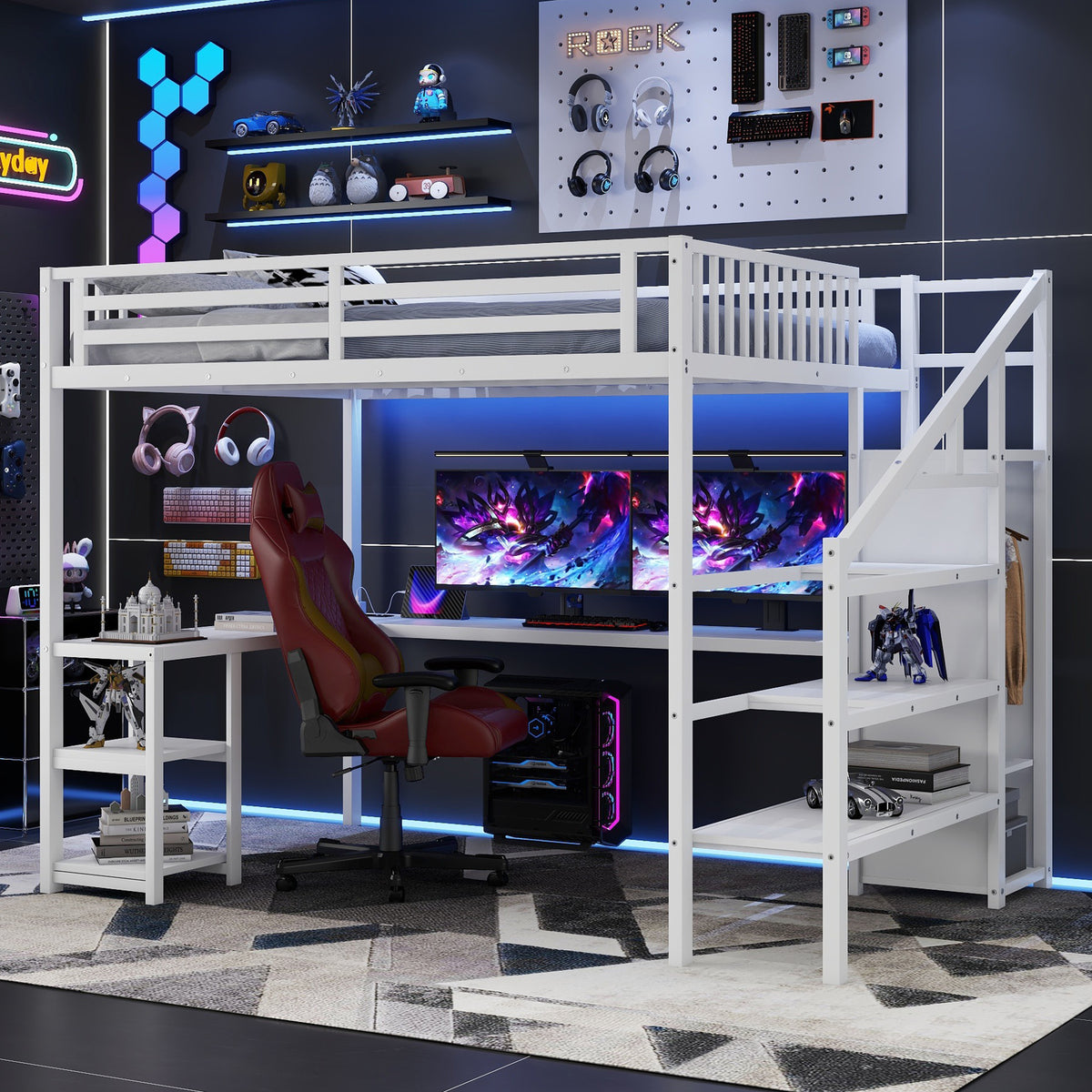 Queen Metal Loft Bed With Wardrobe Desk USB And LED Light