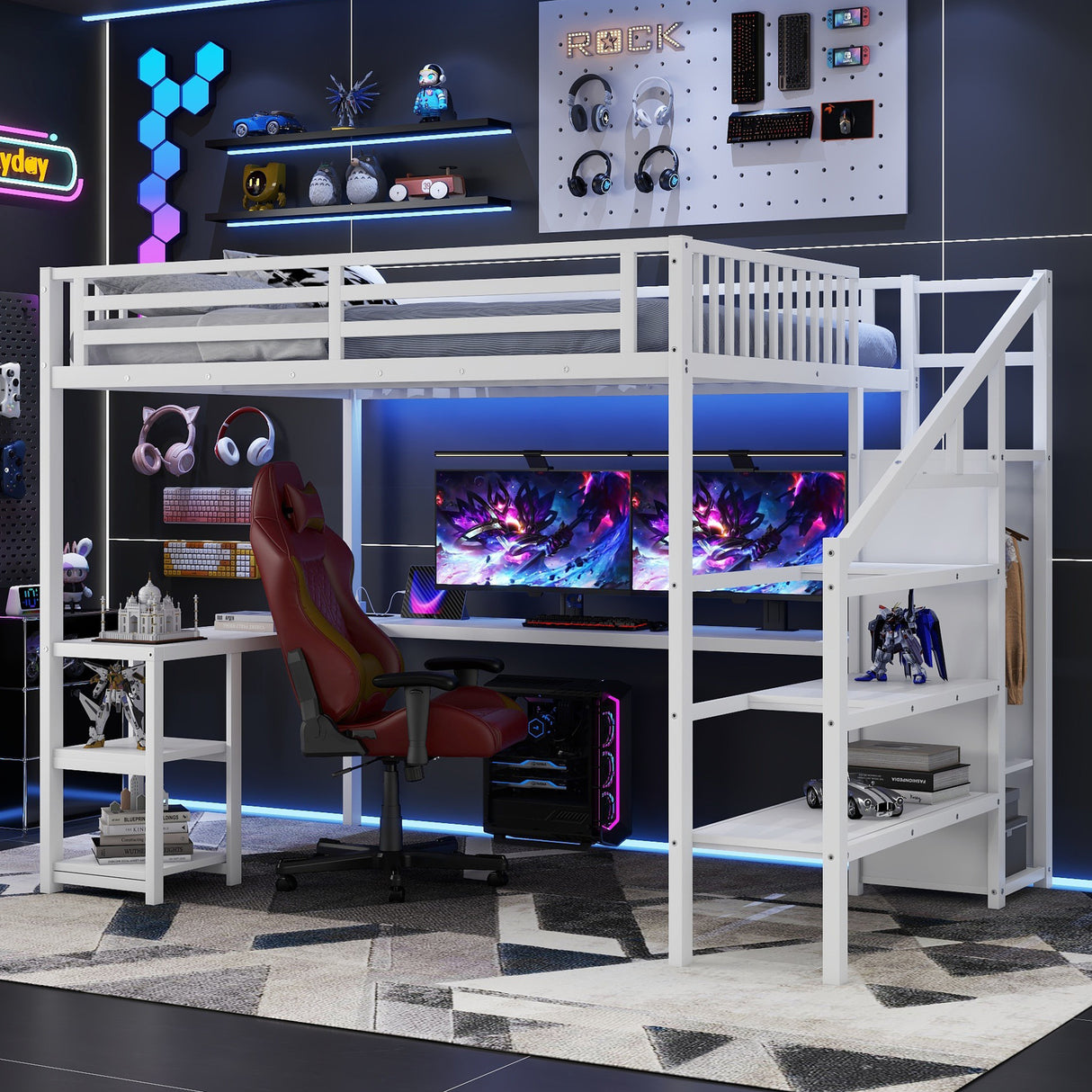 Queen Metal Loft Bed With Wardrobe Desk USB And LED Light