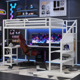 Queen Metal Loft Bed With Wardrobe Desk USB And LED Light