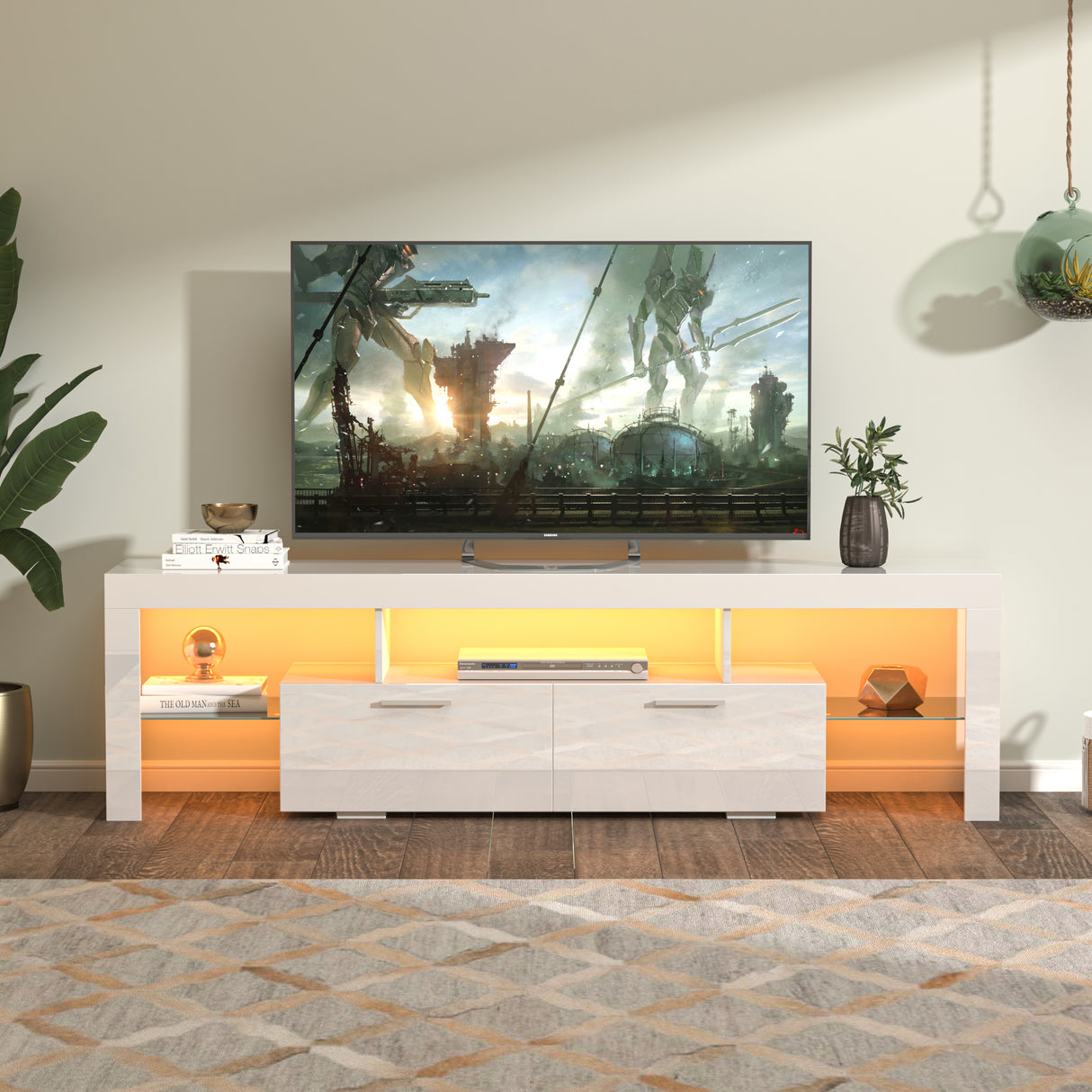 White Particle Board TV Stand With LED Lighting