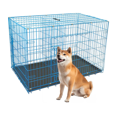 Durable Wire Dog Crate, Folding Metal Dog Kennel Double Door Dog Cage with Plastic Tray, Pet Crate for Large Dog Indoor Outdoor Travel (Blue, 36 Inch)