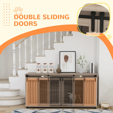 71" Dog Crate Furniture with Removable Divider for 2 Small Dogs or 1 Large Dog, Dog Kennel Furniture with Storage, Double Doors