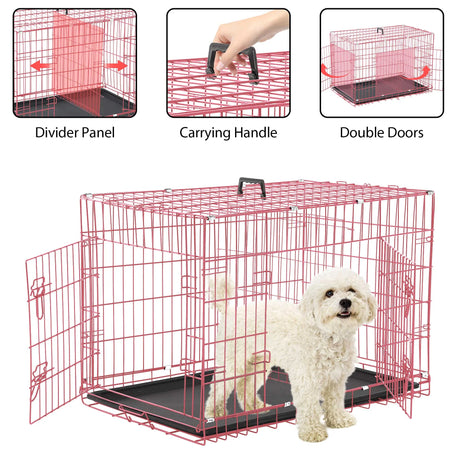42 Inch Dog Crate, Dog Crates and Kennels Foldable Large Dog Crate for Large Dogs with Handle Double-Door Outdoor Metal Wire Dog Cage with Plastic Tray for Medium Dogs, Black