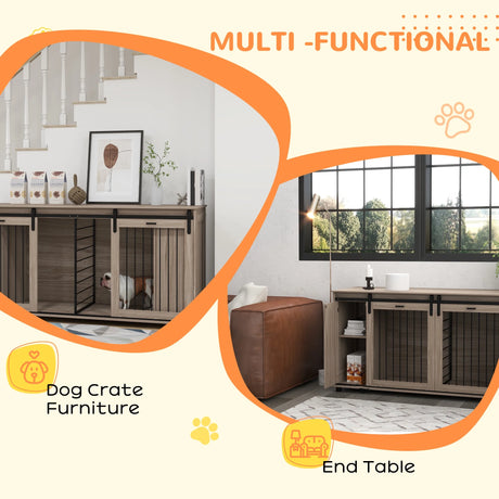 71" Dog Crate Furniture with Removable Divider for 2 Small Dogs or 1 Large Dog, Dog Kennel Furniture with Storage, Double Doors