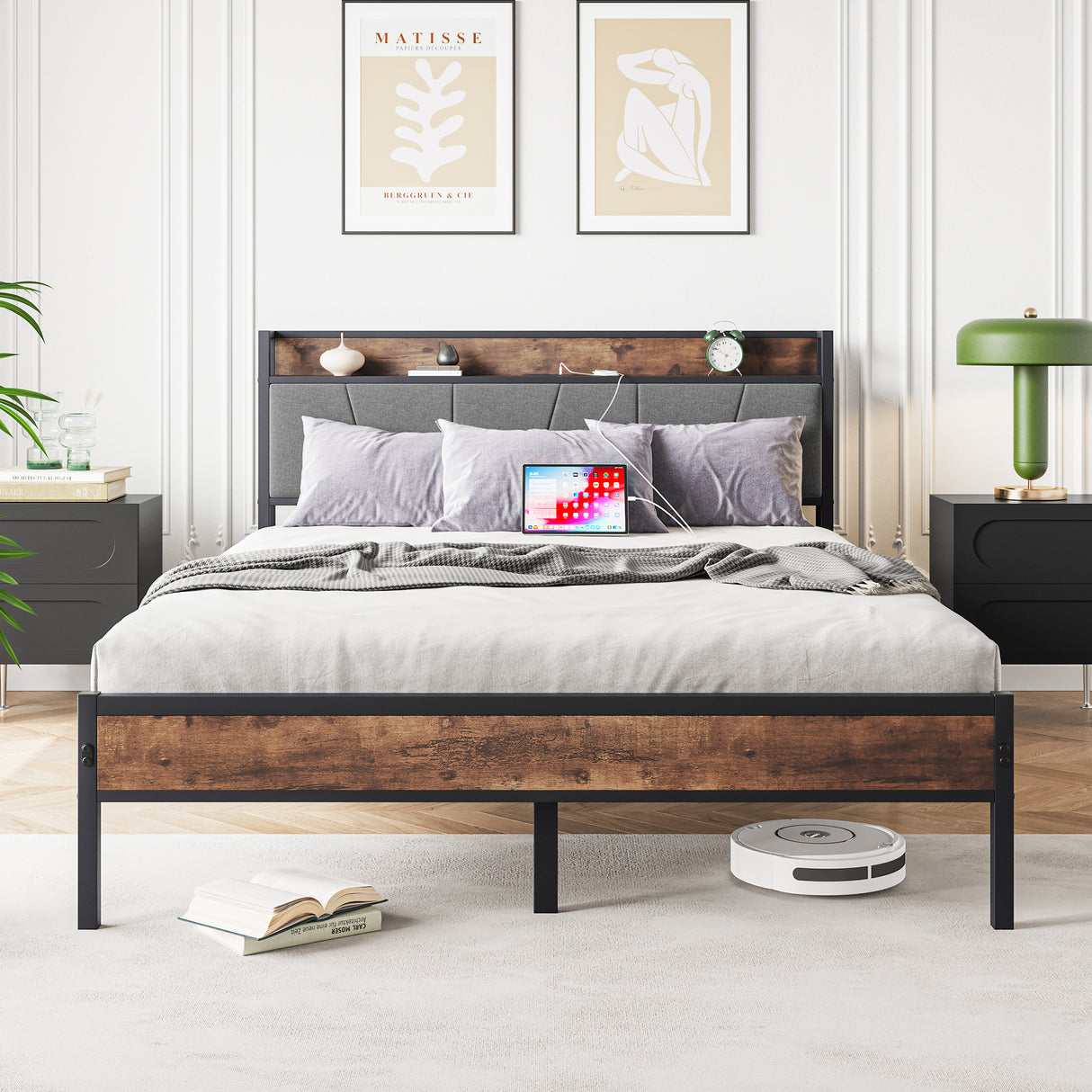 Queen Storage Bed Frame With Charging Station and Headboard