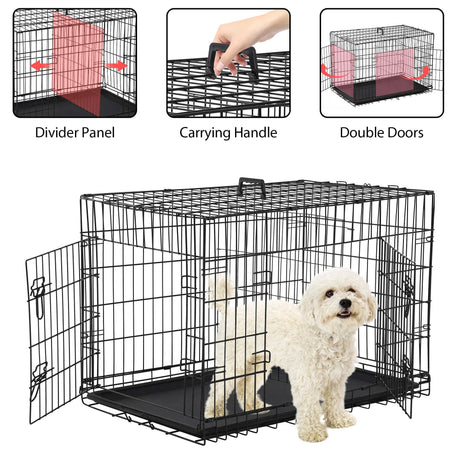 42 Inch Dog Crate, Dog Crates and Kennels Foldable Large Dog Crate for Large Dogs with Handle Double-Door Outdoor Metal Wire Dog Cage with Plastic Tray for Medium Dogs, Black