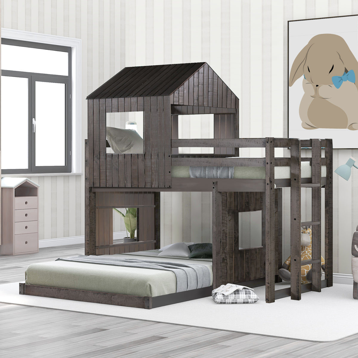 Twin-Over-Full Solid Wood Playhouse Bunk Bed With Ladder