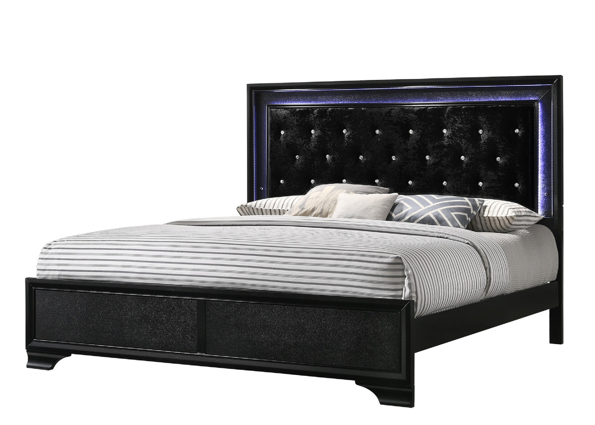 King Modern Black Upholstered LED Panel Bed Frame