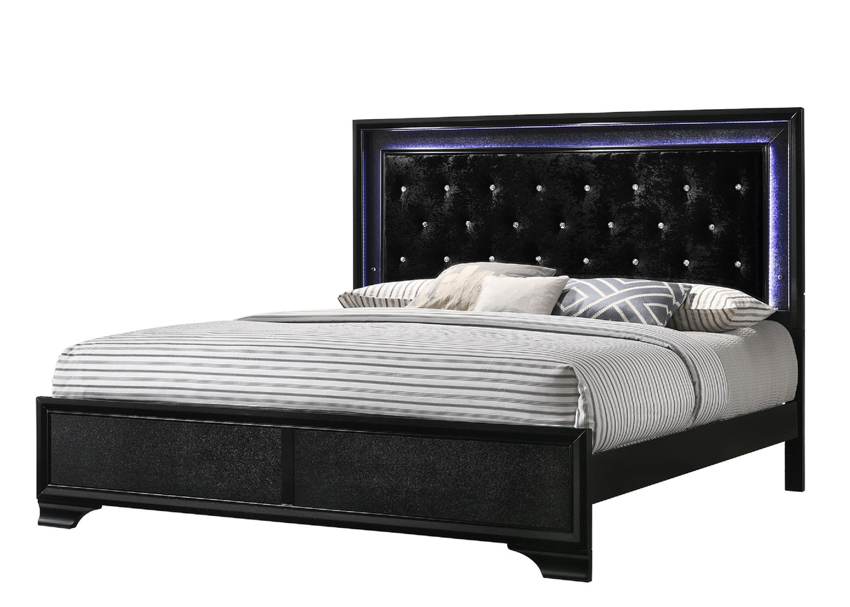 King Modern Black Upholstered LED Panel Bed Frame