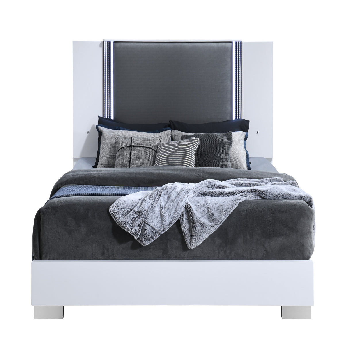 King White Solid Wood Panel Bed Frame With LED Lighting