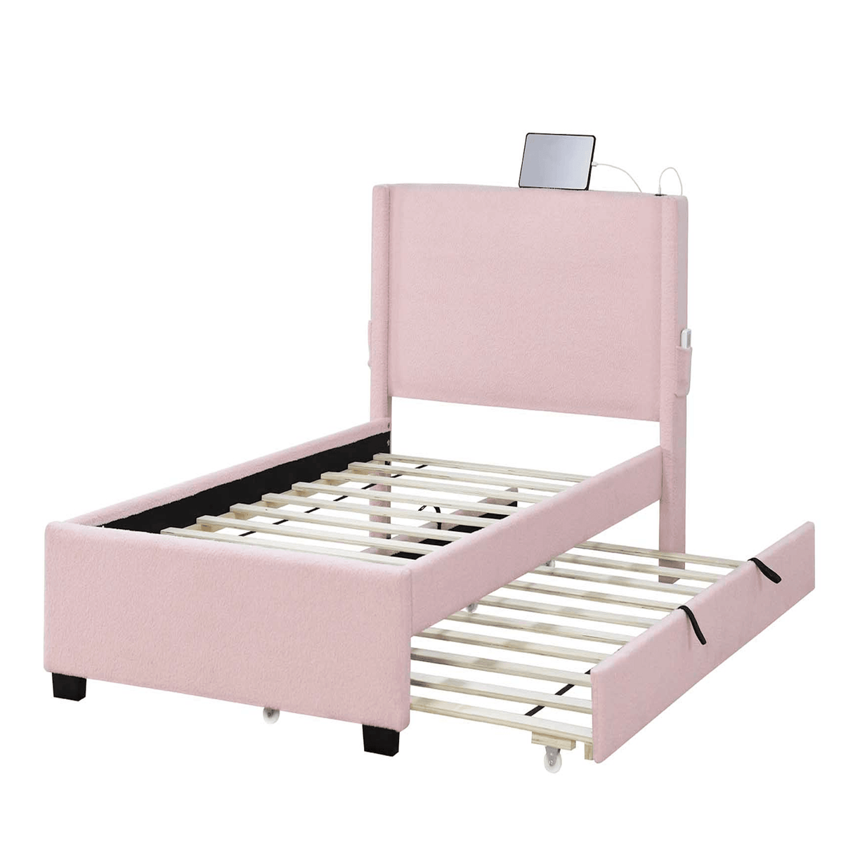 Twin Upholstered Bed Frame With Trundle USB Charging