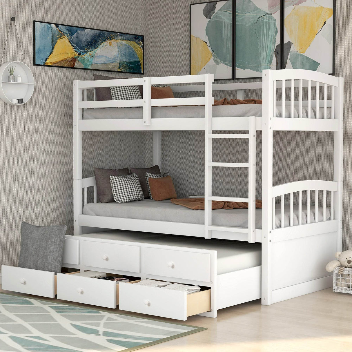 Twin Over Twin Solid Wood Bunk Bed With Trundle Drawers