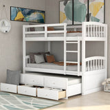 Twin Over Twin Solid Wood Bunk Bed With Trundle Drawers