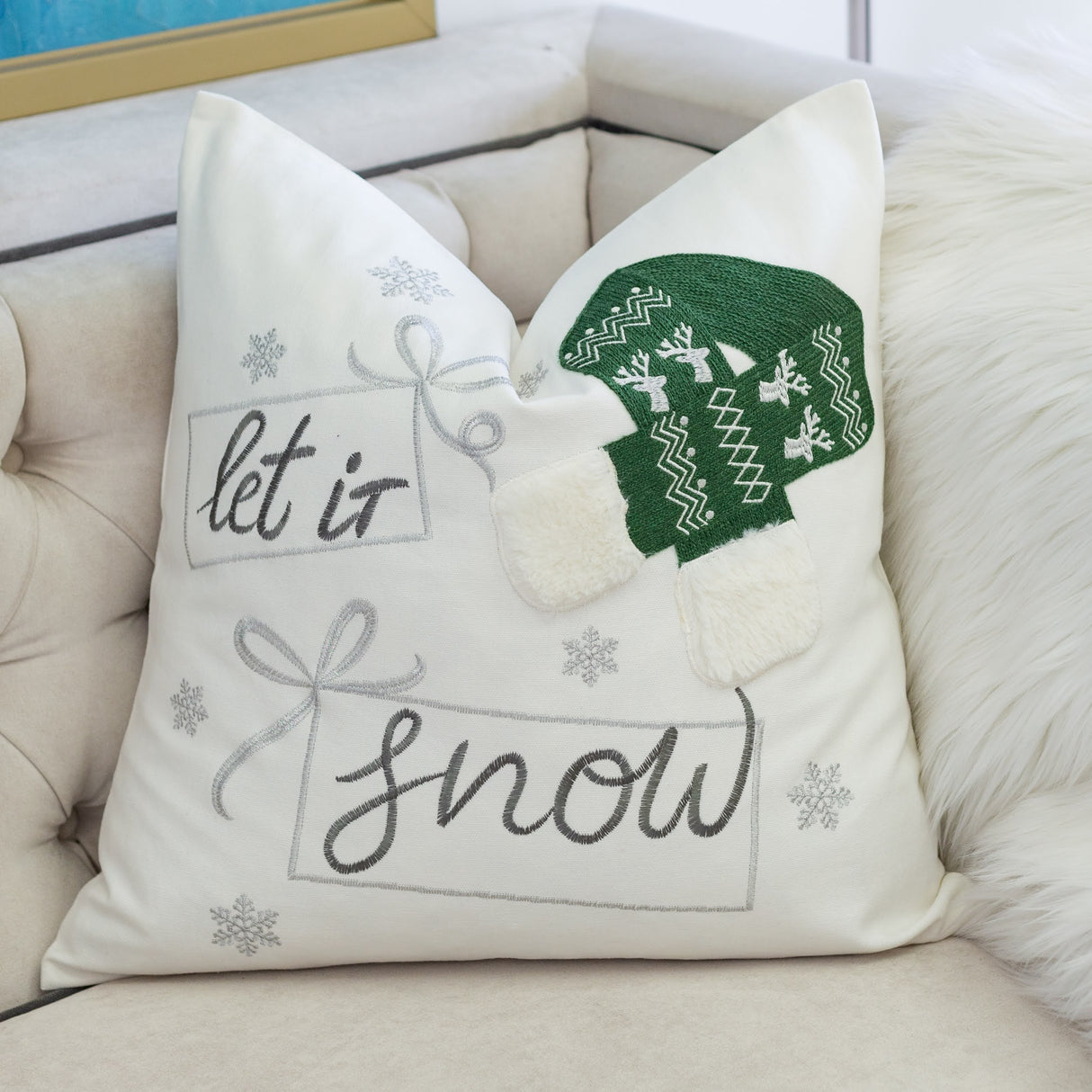 Let It Snow Embroidered 20x20 Inch Cotton Throw Pillow