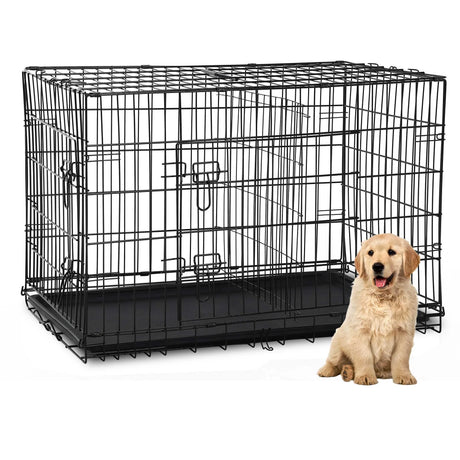 Durable Wire Dog Crate, Folding Metal Dog Kennel Double Door Dog Cage with Plastic Tray, Pet Crate for Large Dog Indoor Outdoor Travel (Blue, 36 Inch)