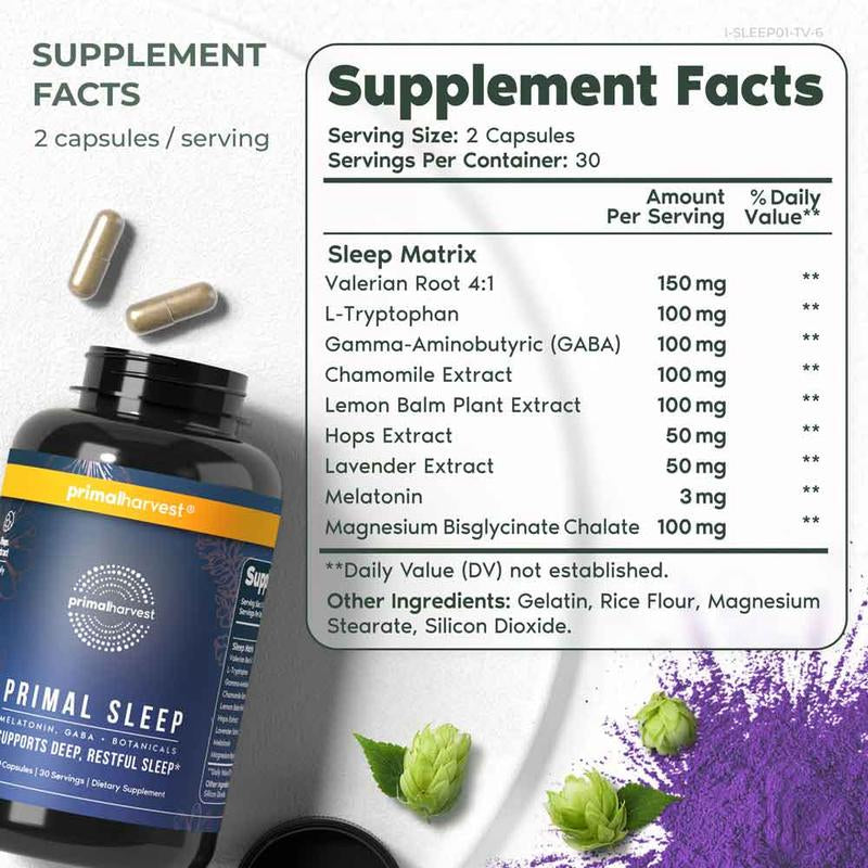 Primal Sleep - the Essential Sleep Support Supplement for Deep, Restful Sleep. with Lavender, Valerian Root and Melatonin. 60 Capsules