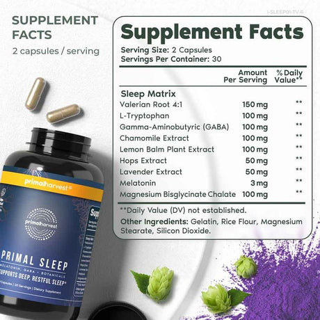 Primal Sleep - the Essential Sleep Support Supplement for Deep, Restful Sleep. with Lavender, Valerian Root and Melatonin. 60 Capsules