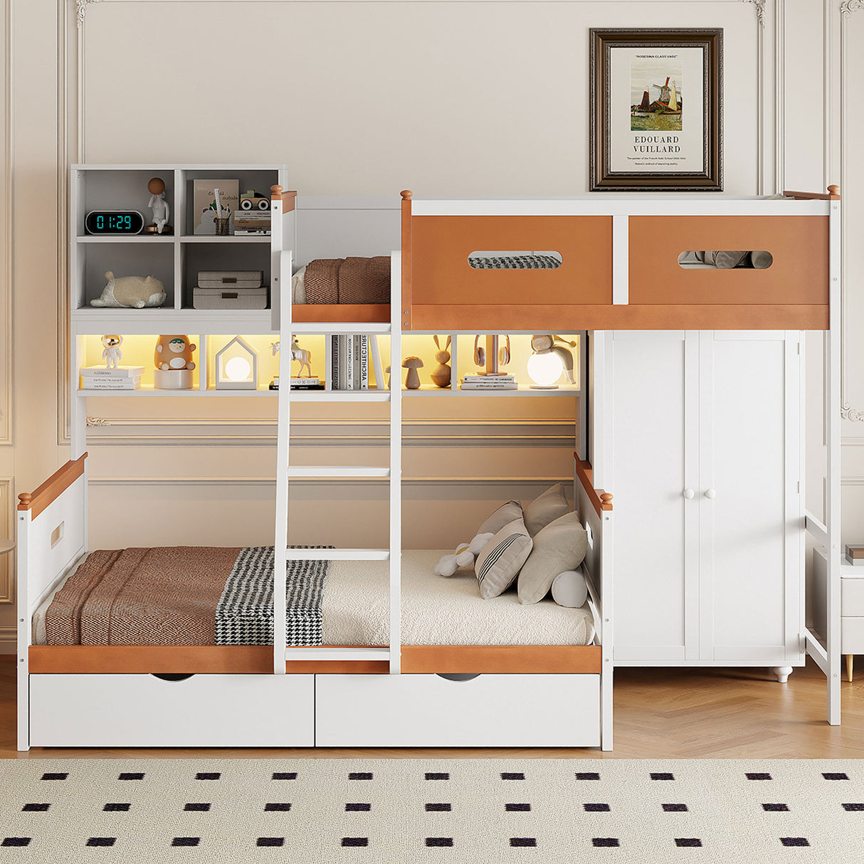 Twin Over Full Wooden Bunk Bed With Storage And LED Light