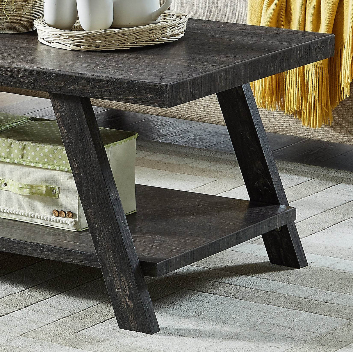 Contemporary Wood Shelf Coffee Table Set Charcoal Finish - Sleep Galleria