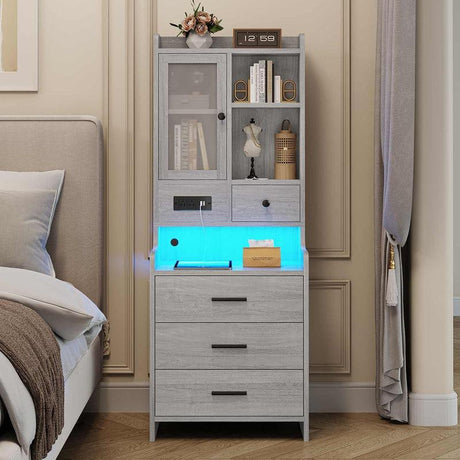 Sikaic LED Tall Nightstand with Charging Station Drawers Shelves Glass Door Storage