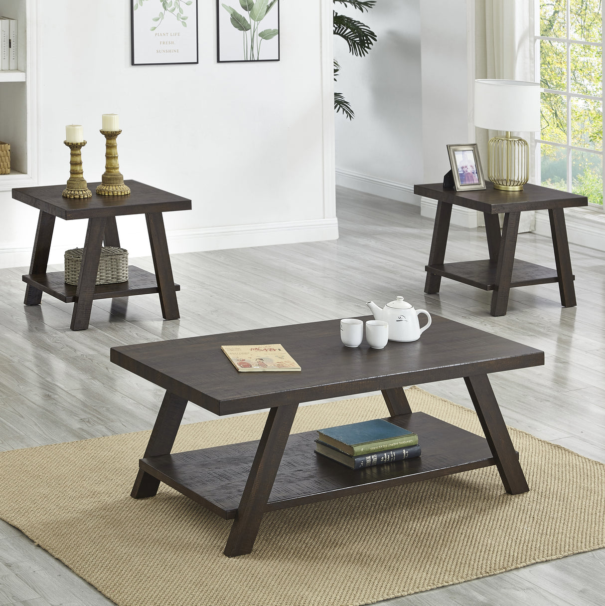 3-Piece Contemporary Wood Shelf Coffee Table Set