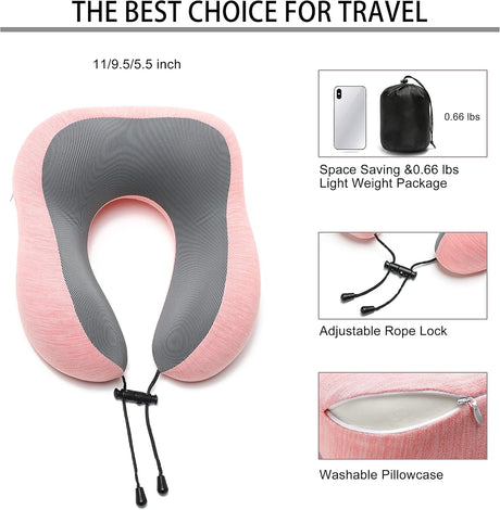 Travel Pillow Memory Foam Neck Pillow, Skin-Friendly and Breathable Pillowcase with 3D Eye Mask, Earplugs and Portable Storage Bag, Suitable for Airplane, Train and Home Use