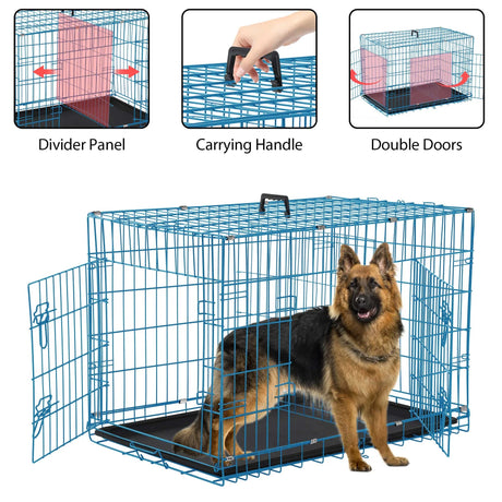 42 Inch Dog Crate, Dog Crates and Kennels Foldable Large Dog Crate for Large Dogs with Handle Double-Door Outdoor Metal Wire Dog Cage with Plastic Tray for Medium Dogs, Black