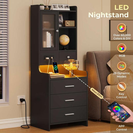 Sikaic LED Tall Nightstand with Charging Station Drawers Shelves Glass Door Storage