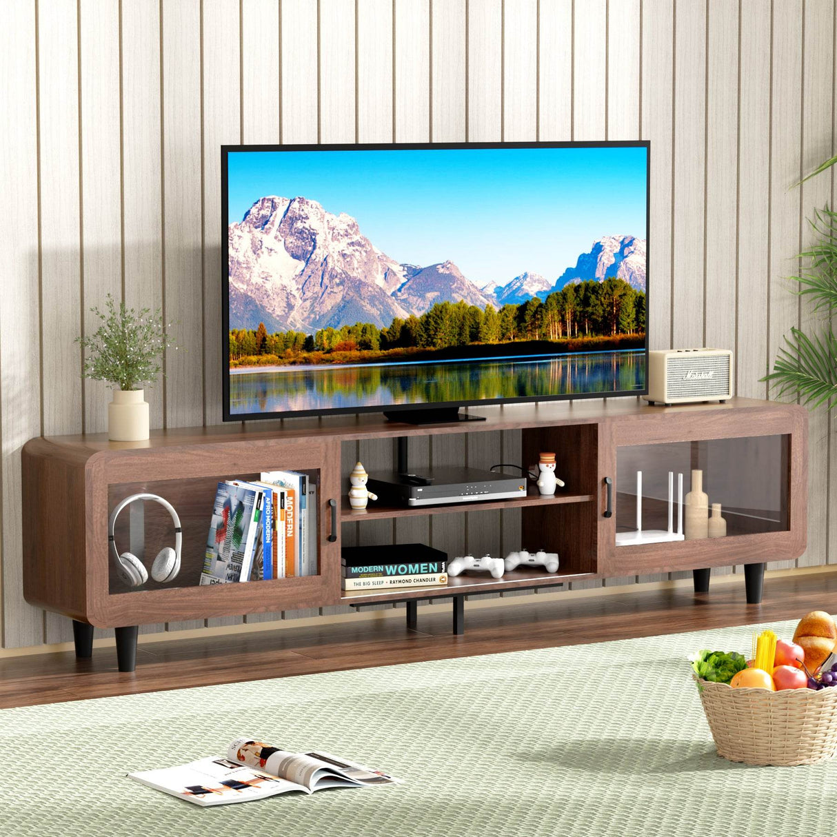 Mid Century Modern Walnut Wood TV Stand With Charging Station - Sleep Galleria