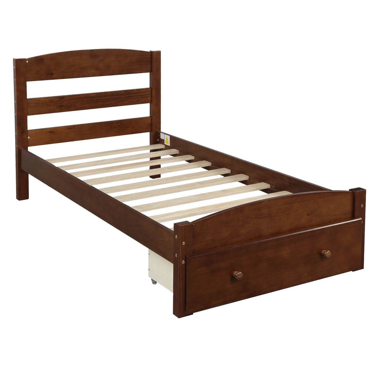 Twin Walnut Solid Wood Platform Bed Frame With Storage Drawer