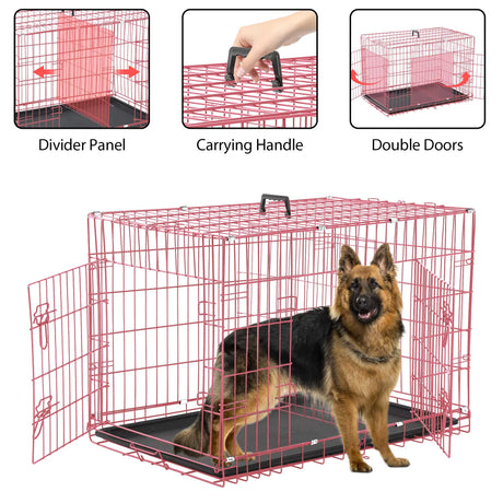 42 Inch Dog Crate, Dog Crates and Kennels Foldable Large Dog Crate for Large Dogs with Handle Double-Door Outdoor Metal Wire Dog Cage with Plastic Tray for Medium Dogs, Black