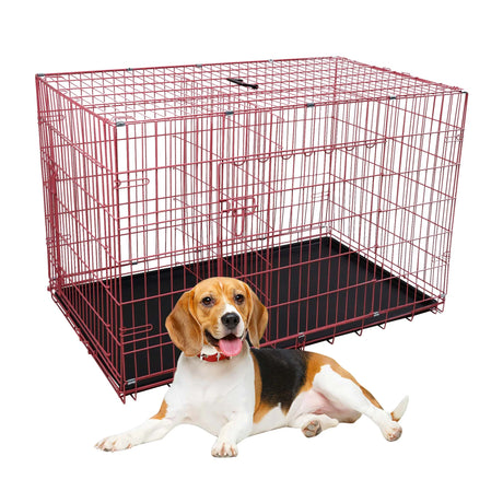Durable Wire Dog Crate, Folding Metal Dog Kennel Double Door Dog Cage with Plastic Tray, Pet Crate for Large Dog Indoor Outdoor Travel (Blue, 36 Inch)