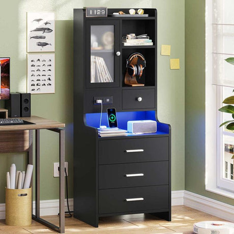 Sikaic LED Tall Nightstand with Charging Station Drawers Shelves Glass Door Storage