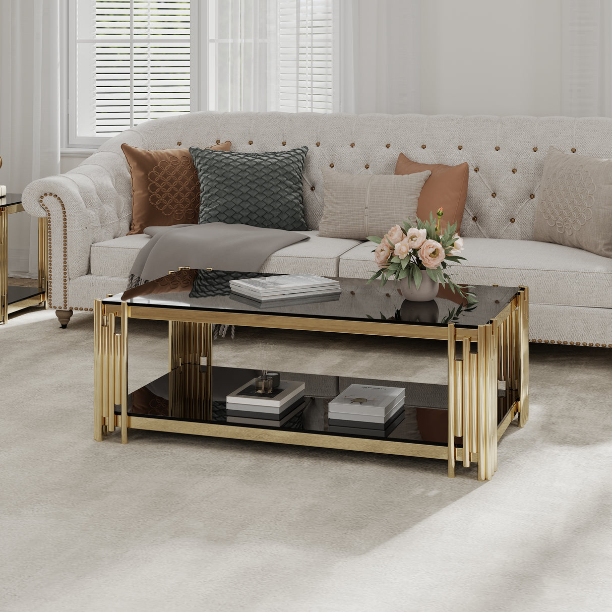 Golden Stainless Steel Rectangular Double-Layer Coffee Table