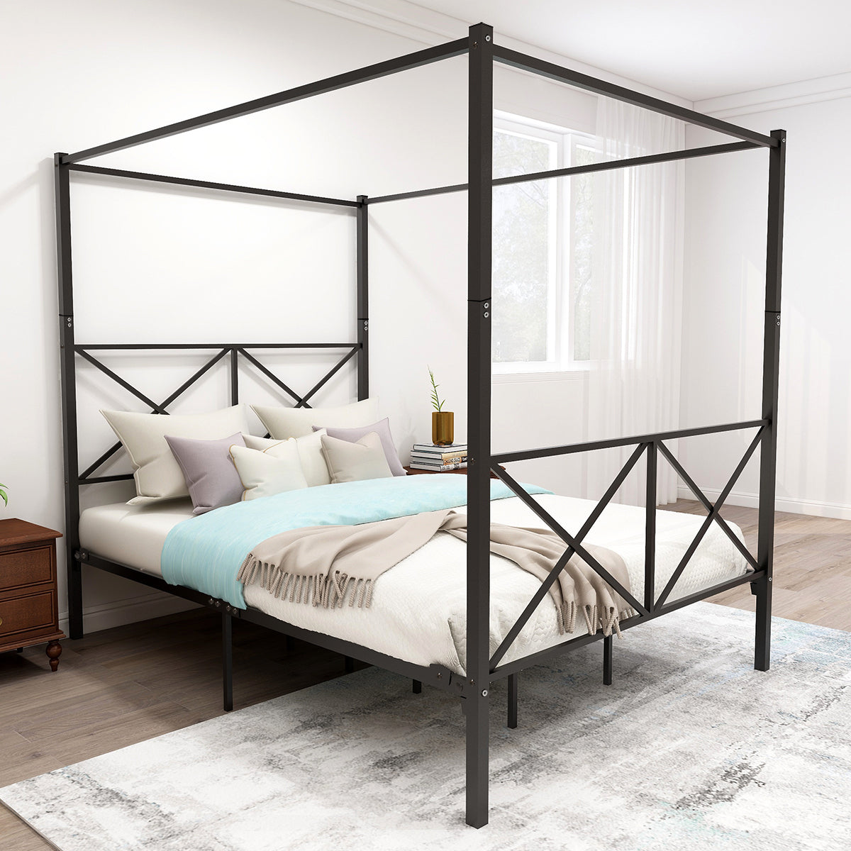 Queen Metal Canopy Bed Frame With Ornate European Design