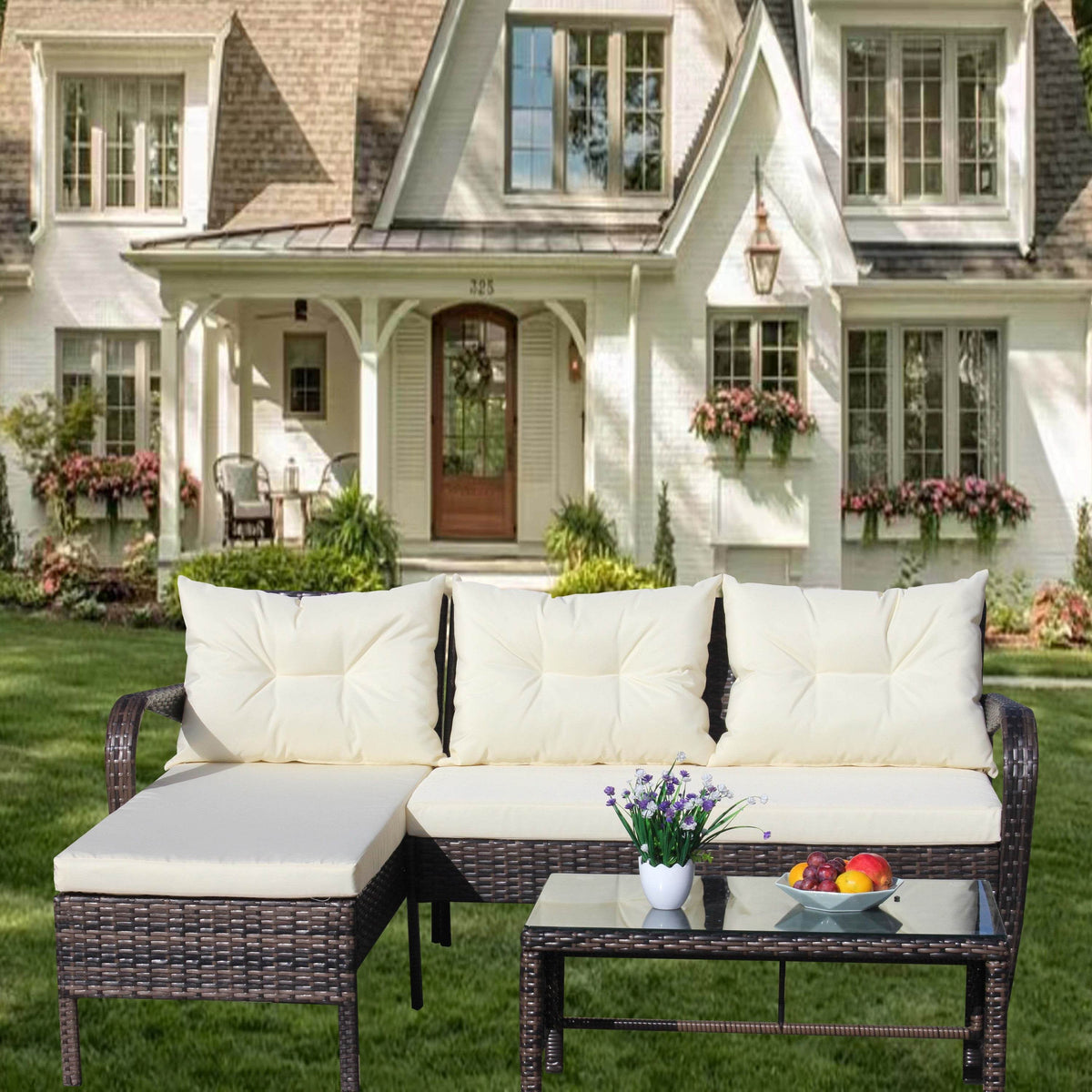 3-Piece Outdoor Brown Rattan Conversation Sofa Set With Cushions