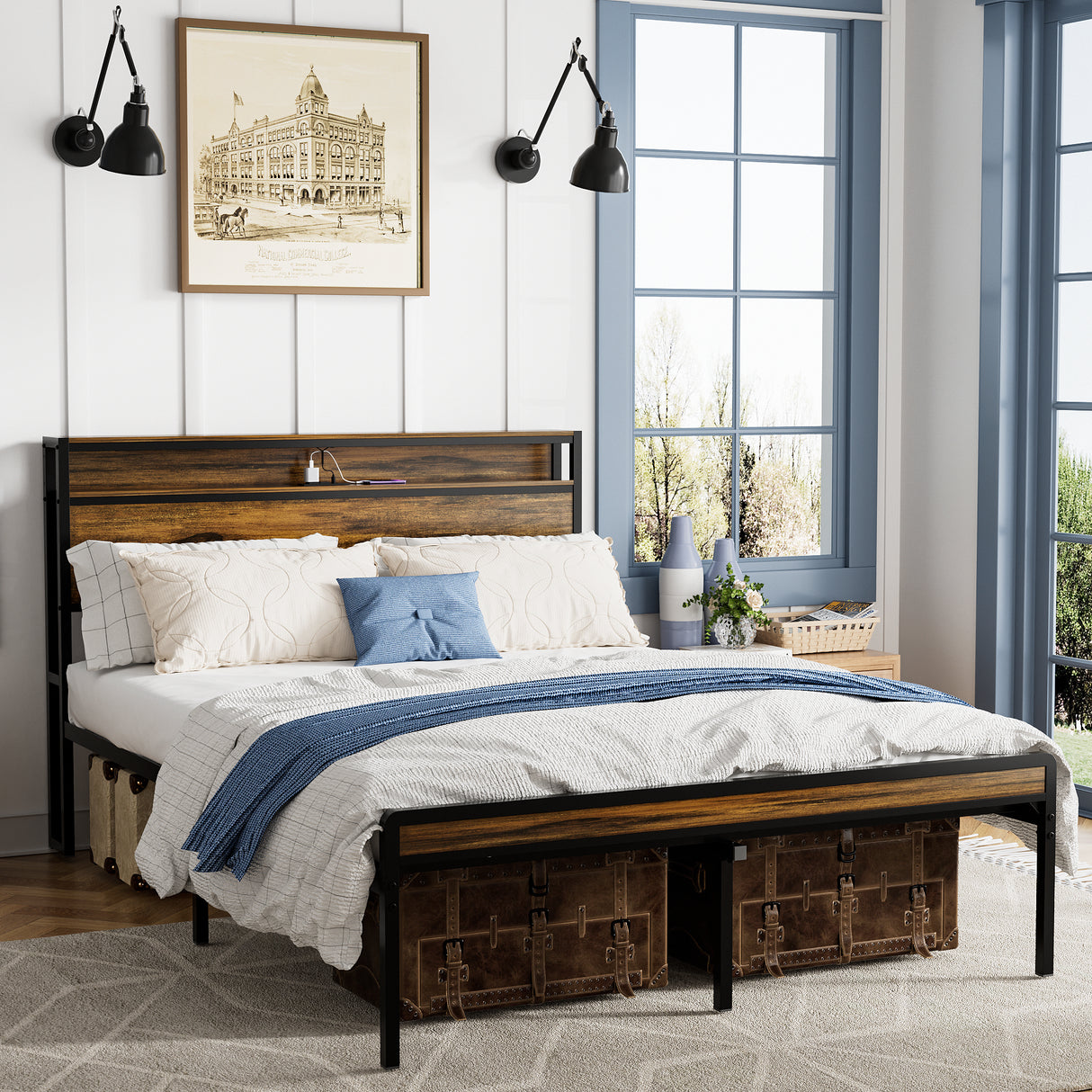 Queen LED Storage Bed Frame With Charging Station