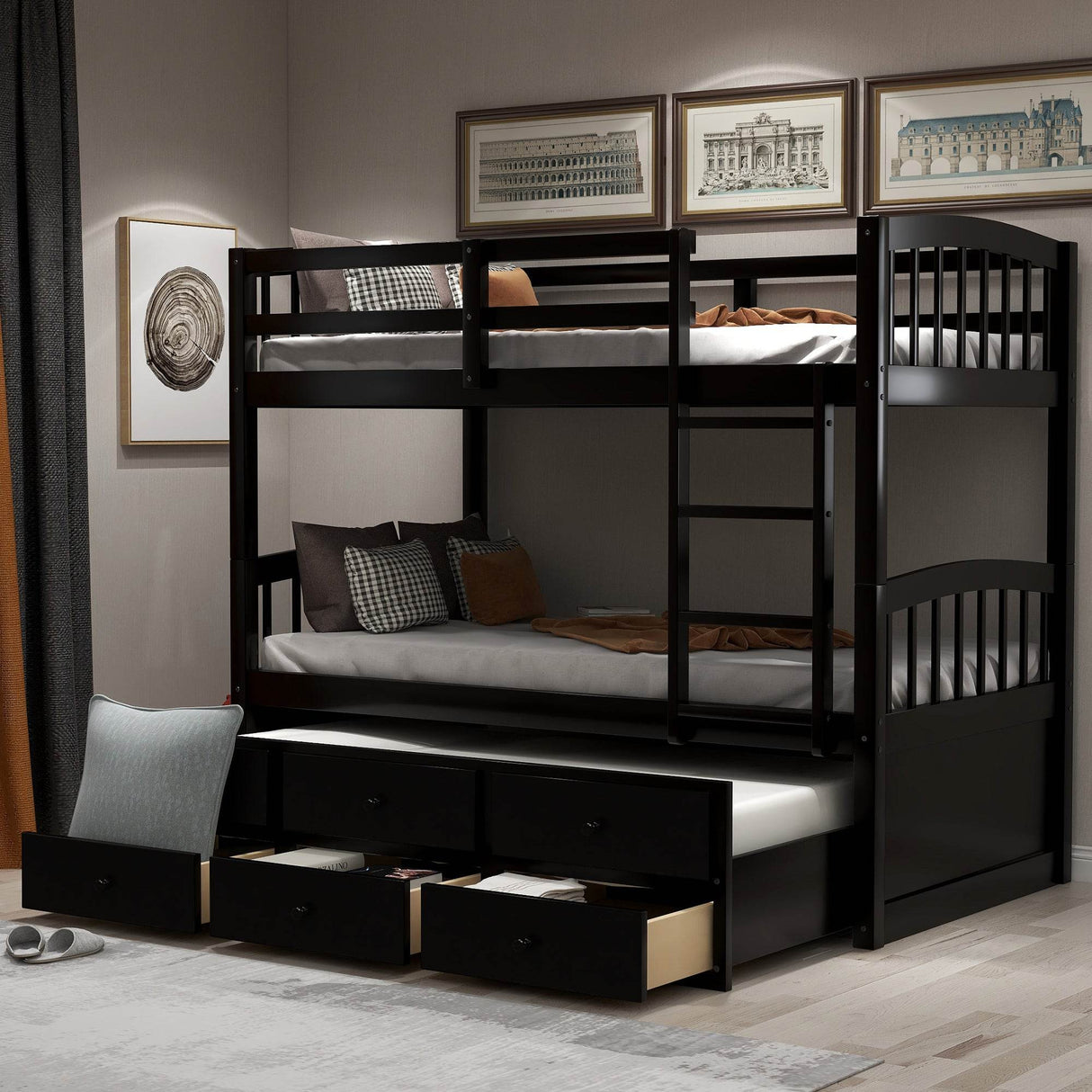 Twin-Over-Twin Solid Wood Espresso Bunk Bed With Trundle